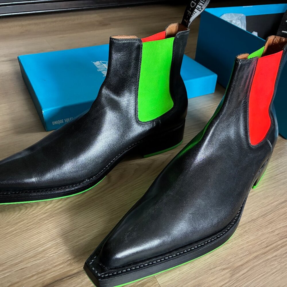 John Fluevog - Lyngenfjord Pointed-Toe Chelsea Boots, Black/Neon - Picture 5 of 6